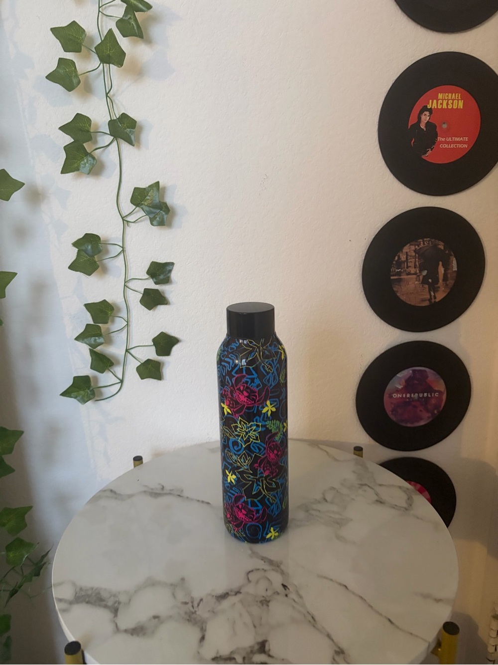 Disney Black Stainless Steel Water Bottle with Multicolor Floral Design